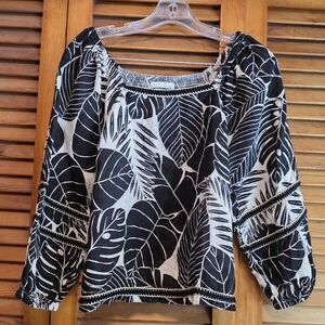Cynthia Rowley Linen Blouse Tropical Black & Whit 3/4 Sleeve Top Boho Women's M